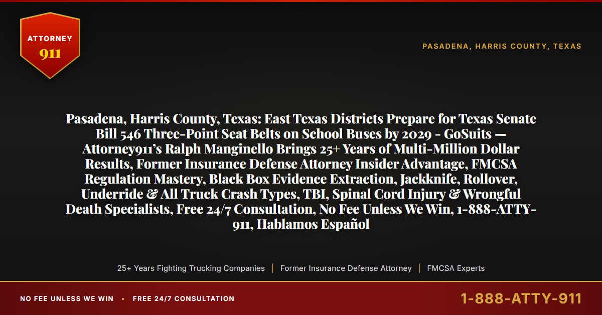 Pasadena, Harris County, Texas: East Texas Districts Prepare for Texas Senate Bill 546 Three-Point Seat Belts on School Buses by 2029 - GoSuits — Attorney911’s Ralph Manginello Brings 25+ Years of Multi-Million Dollar Results, Former Insurance Defense Attorney Insider Advantage, FMCSA Regulation Mastery, Black Box Evidence Extraction, Jackknife, Rollover, Underride & All Truck Crash Types, TBI, Spinal Cord Injury & Wrongful Death Specialists, Free 24/7 Consultation, No Fee Unless We Win, 1-888-ATTY-911, Hablamos Español - Attorney911