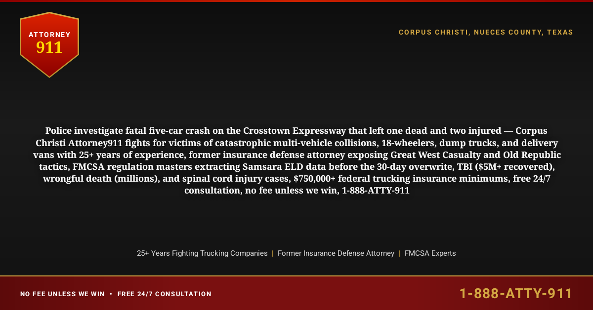 Police investigate fatal five-car crash on the Crosstown Expressway that left one dead and two injured — Corpus Christi Attorney911 fights for victims of catastrophic multi-vehicle collisions, 18-wheelers, dump trucks, and delivery vans with 25+ years of experience, former insurance defense attorney exposing Great West Casualty and Old Republic tactics, FMCSA regulation masters extracting Samsara ELD data before the 30-day overwrite, TBI ($5M+ recovered), wrongful death (millions), and spinal cord injury cases, $750,000+ federal trucking insurance minimums, free 24/7 consultation, no fee unless we win, 1-888-ATTY-911 - Attorney911