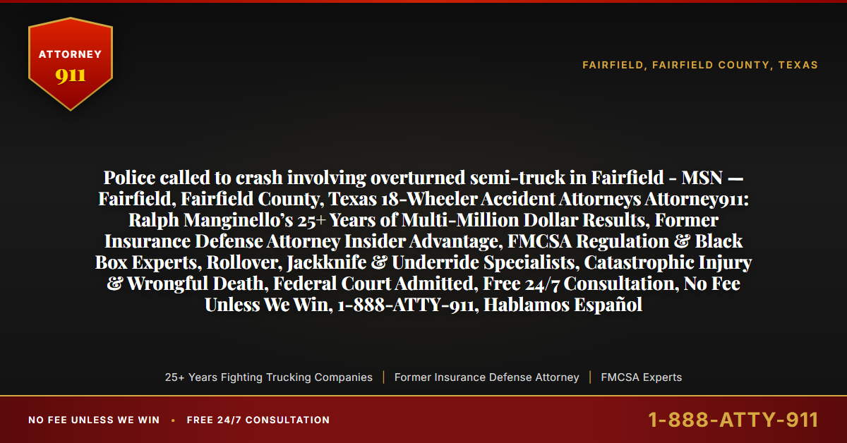 Police called to crash involving overturned semi-truck in Fairfield - MSN — Fairfield, Fairfield County, Texas 18-Wheeler Accident Attorneys Attorney911: Ralph Manginello’s 25+ Years of Multi-Million Dollar Results, Former Insurance Defense Attorney Insider Advantage, FMCSA Regulation & Black Box Experts, Rollover, Jackknife & Underride Specialists, Catastrophic Injury & Wrongful Death, Federal Court Admitted, Free 24/7 Consultation, No Fee Unless We Win, 1-888-ATTY-911, Hablamos Español - Attorney911
