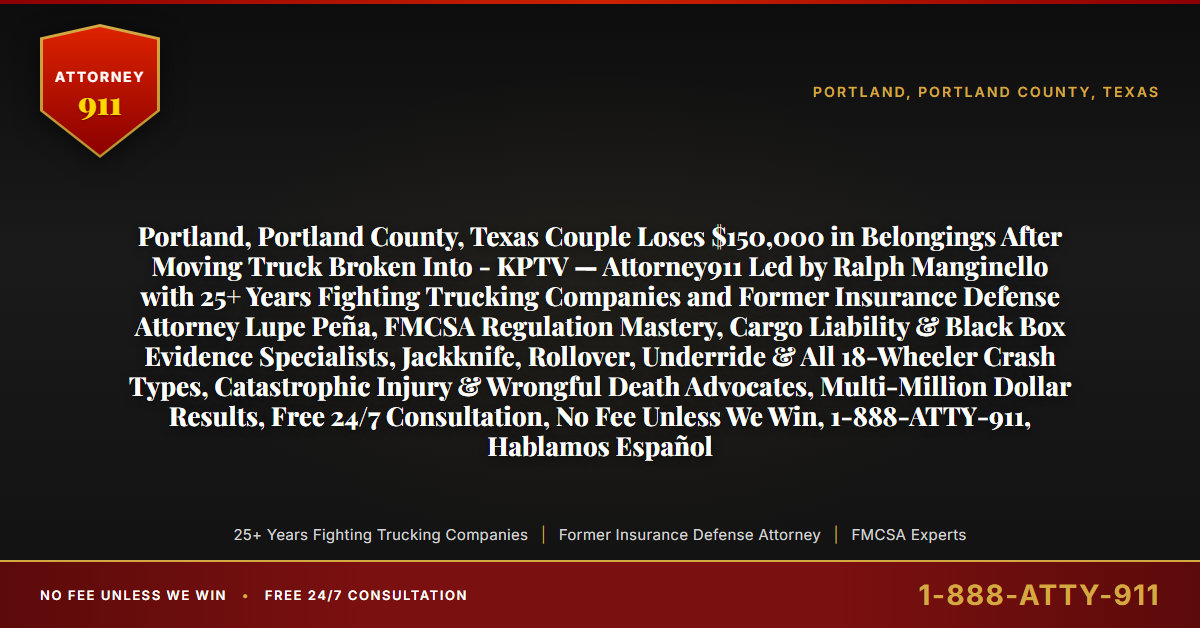 Portland, Portland County, Texas Couple Loses $150,000 in Belongings After Moving Truck Broken Into - KPTV — Attorney911 Led by Ralph Manginello with 25+ Years Fighting Trucking Companies and Former Insurance Defense Attorney Lupe Peña, FMCSA Regulation Mastery, Cargo Liability & Black Box Evidence Specialists, Jackknife, Rollover, Underride & All 18-Wheeler Crash Types, Catastrophic Injury & Wrongful Death Advocates, Multi-Million Dollar Results, Free 24/7 Consultation, No Fee Unless We Win, 1-888-ATTY-911, Hablamos Español - Attorney911