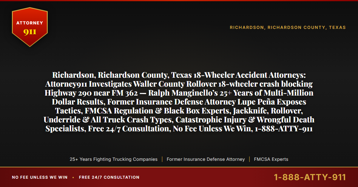 Richardson, Richardson County, Texas 18-Wheeler Accident Attorneys: Attorney911 Investigates Waller County Rollover 18-wheeler crash blocking Highway 290 near FM 362 — Ralph Manginello’s 25+ Years of Multi-Million Dollar Results, Former Insurance Defense Attorney Lupe Peña Exposes Tactics, FMCSA Regulation & Black Box Experts, Jackknife, Rollover, Underride & All Truck Crash Types, Catastrophic Injury & Wrongful Death Specialists, Free 24/7 Consultation, No Fee Unless We Win, 1-888-ATTY-911 - Attorney911
