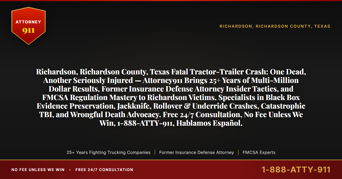 Richardson, Richardson County, Texas Fatal Tractor-Trailer Crash: One Dead, Another Seriously Injured — Attorney911 Brings 25+ Years of Multi-Million Dollar Results, Former Insurance Defense Attorney Insider Tactics, and FMCSA Regulation Mastery to Richardson Victims. Specialists in Black Box Evidence Preservation, Jackknife, Rollover & Underride Crashes, Catastrophic TBI, and Wrongful Death Advocacy. Free 24/7 Consultation, No Fee Unless We Win, 1-888-ATTY-911, Hablamos Español. - Attorney911