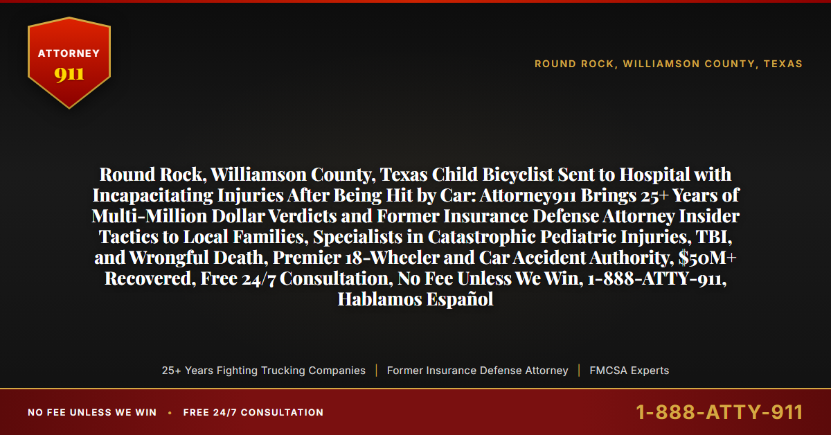 Round Rock, Williamson County, Texas Child Bicyclist Sent to Hospital with Incapacitating Injuries After Being Hit by Car: Attorney911 Brings 25+ Years of Multi-Million Dollar Verdicts and Former Insurance Defense Attorney Insider Tactics to Local Families, Specialists in Catastrophic Pediatric Injuries, TBI, and Wrongful Death, Premier 18-Wheeler and Car Accident Authority, $50M+ Recovered, Free 24/7 Consultation, No Fee Unless We Win, 1-888-ATTY-911, Hablamos Español - Attorney911
