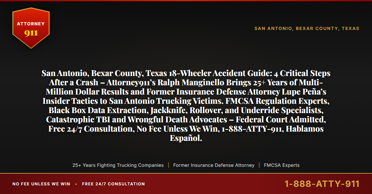 San Antonio, Bexar County, Texas 18-Wheeler Accident Guide: 4 Critical Steps After a Crash – Attorney911’s Ralph Manginello Brings 25+ Years of Multi-Million Dollar Results and Former Insurance Defense Attorney Lupe Peña’s Insider Tactics to San Antonio Trucking Victims. FMCSA Regulation Experts, Black Box Data Extraction, Jackknife, Rollover, and Underride Specialists, Catastrophic TBI and Wrongful Death Advocates – Federal Court Admitted, Free 24/7 Consultation, No Fee Unless We Win, 1-888-ATTY-911, Hablamos Español. - Attorney911