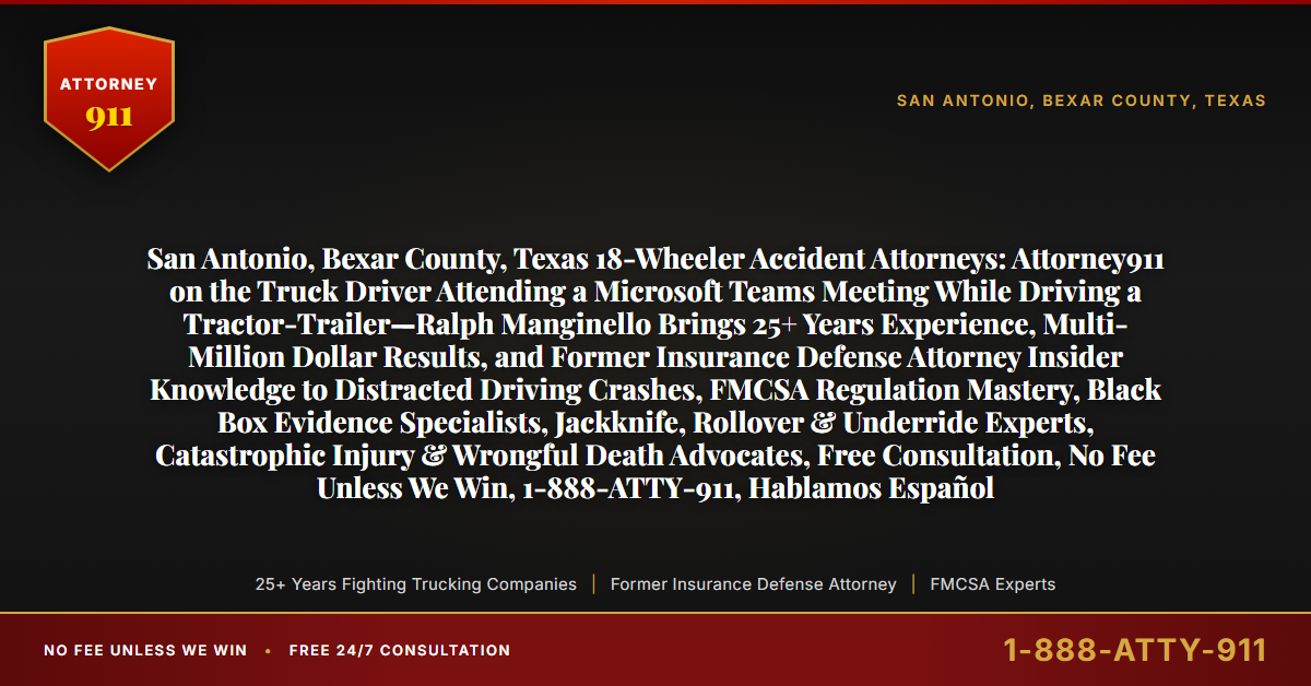 San Antonio, Bexar County, Texas 18-Wheeler Accident Attorneys: Attorney911 on the Truck Driver Attending a Microsoft Teams Meeting While Driving a Tractor-Trailer—Ralph Manginello Brings 25+ Years Experience, Multi-Million Dollar Results, and Former Insurance Defense Attorney Insider Knowledge to Distracted Driving Crashes, FMCSA Regulation Mastery, Black Box Evidence Specialists, Jackknife, Rollover & Underride Experts, Catastrophic Injury & Wrongful Death Advocates, Free Consultation, No Fee Unless We Win, 1-888-ATTY-911, Hablamos Español - Attorney911