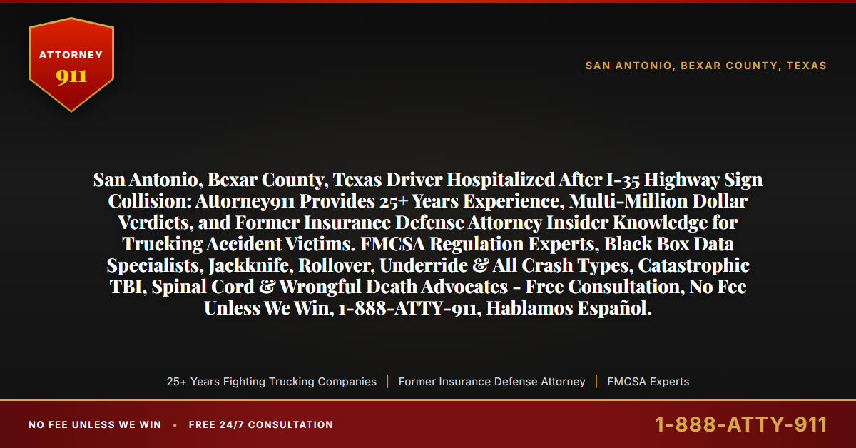 San Antonio, Bexar County, Texas Driver Hospitalized After I-35 Highway Sign Collision: Attorney911 Provides 25+ Years Experience, Multi-Million Dollar Verdicts, and Former Insurance Defense Attorney Insider Knowledge for Trucking Accident Victims. FMCSA Regulation Experts, Black Box Data Specialists, Jackknife, Rollover, Underride & All Crash Types, Catastrophic TBI, Spinal Cord & Wrongful Death Advocates - Free Consultation, No Fee Unless We Win, 1-888-ATTY-911, Hablamos Español. - Attorney911