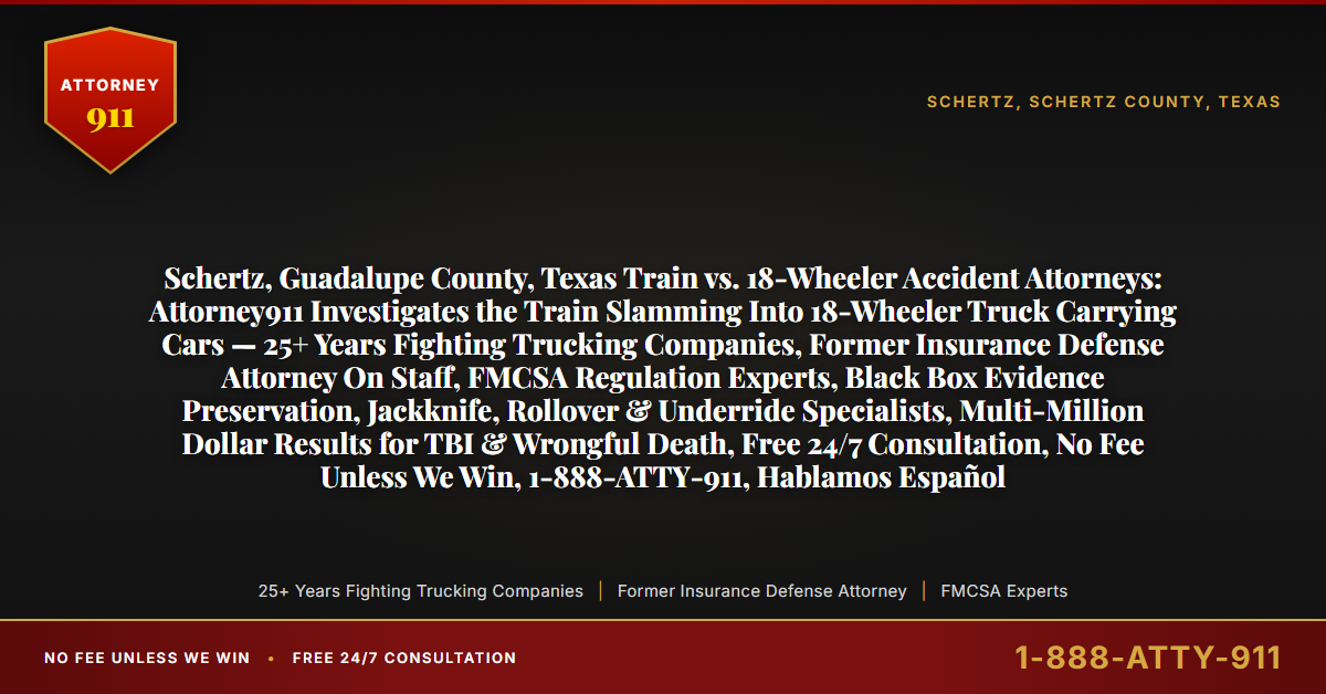Schertz, Guadalupe County, Texas Train vs. 18-Wheeler Accident Attorneys: Attorney911 Investigates the Train Slamming Into 18-Wheeler Truck Carrying Cars — 25+ Years Fighting Trucking Companies, Former Insurance Defense Attorney On Staff, FMCSA Regulation Experts, Black Box Evidence Preservation, Jackknife, Rollover & Underride Specialists, Multi-Million Dollar Results for TBI & Wrongful Death, Free 24/7 Consultation, No Fee Unless We Win, 1-888-ATTY-911, Hablamos Español - Attorney911