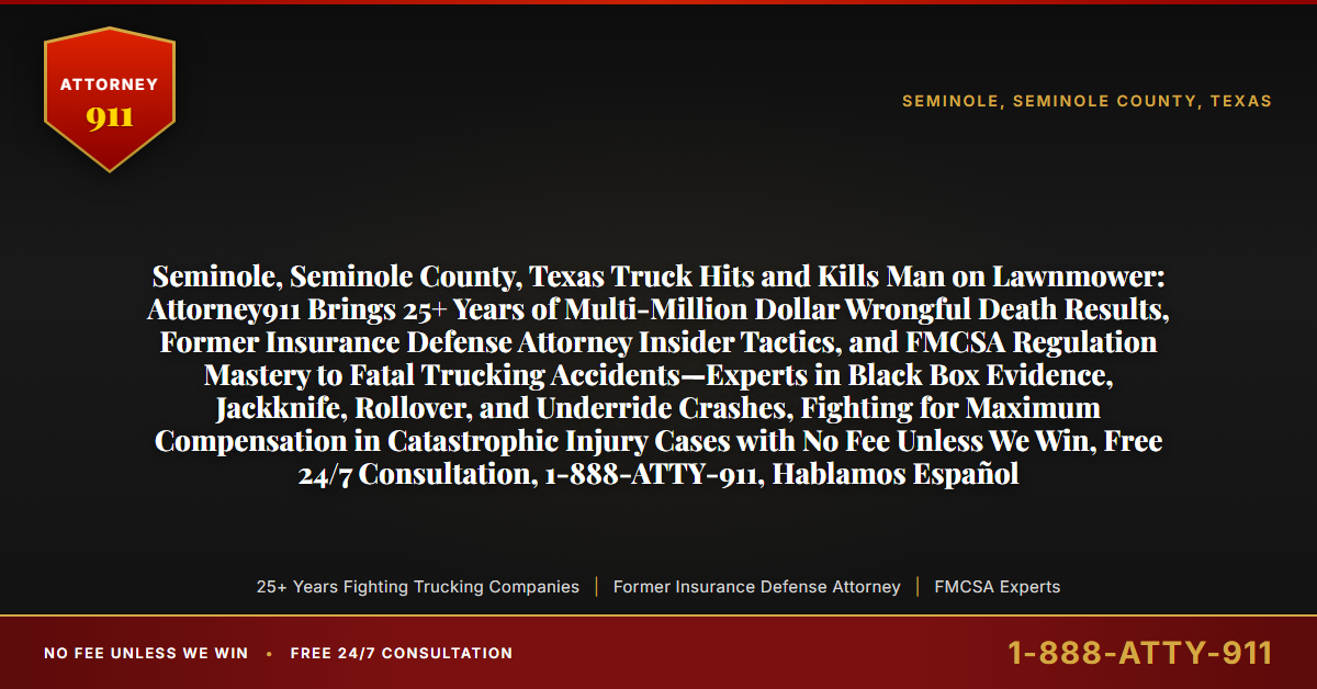 Seminole, Seminole County, Texas Truck Hits and Kills Man on Lawnmower: Attorney911 Brings 25+ Years of Multi-Million Dollar Wrongful Death Results, Former Insurance Defense Attorney Insider Tactics, and FMCSA Regulation Mastery to Fatal Trucking Accidents—Experts in Black Box Evidence, Jackknife, Rollover, and Underride Crashes, Fighting for Maximum Compensation in Catastrophic Injury Cases with No Fee Unless We Win, Free 24/7 Consultation, 1-888-ATTY-911, Hablamos Español - Attorney911