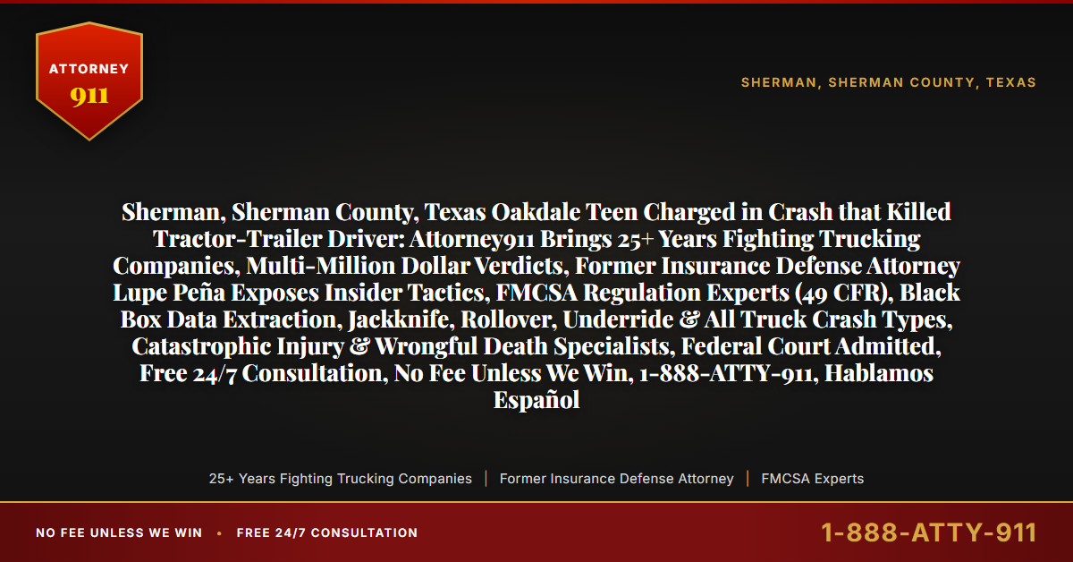 Sherman, Sherman County, Texas Oakdale Teen Charged in Crash that Killed Tractor-Trailer Driver: Attorney911 Brings 25+ Years Fighting Trucking Companies, Multi-Million Dollar Verdicts, Former Insurance Defense Attorney Lupe Peña Exposes Insider Tactics, FMCSA Regulation Experts (49 CFR), Black Box Data Extraction, Jackknife, Rollover, Underride & All Truck Crash Types, Catastrophic Injury & Wrongful Death Specialists, Federal Court Admitted, Free 24/7 Consultation, No Fee Unless We Win, 1-888-ATTY-911, Hablamos Español - Attorney911
