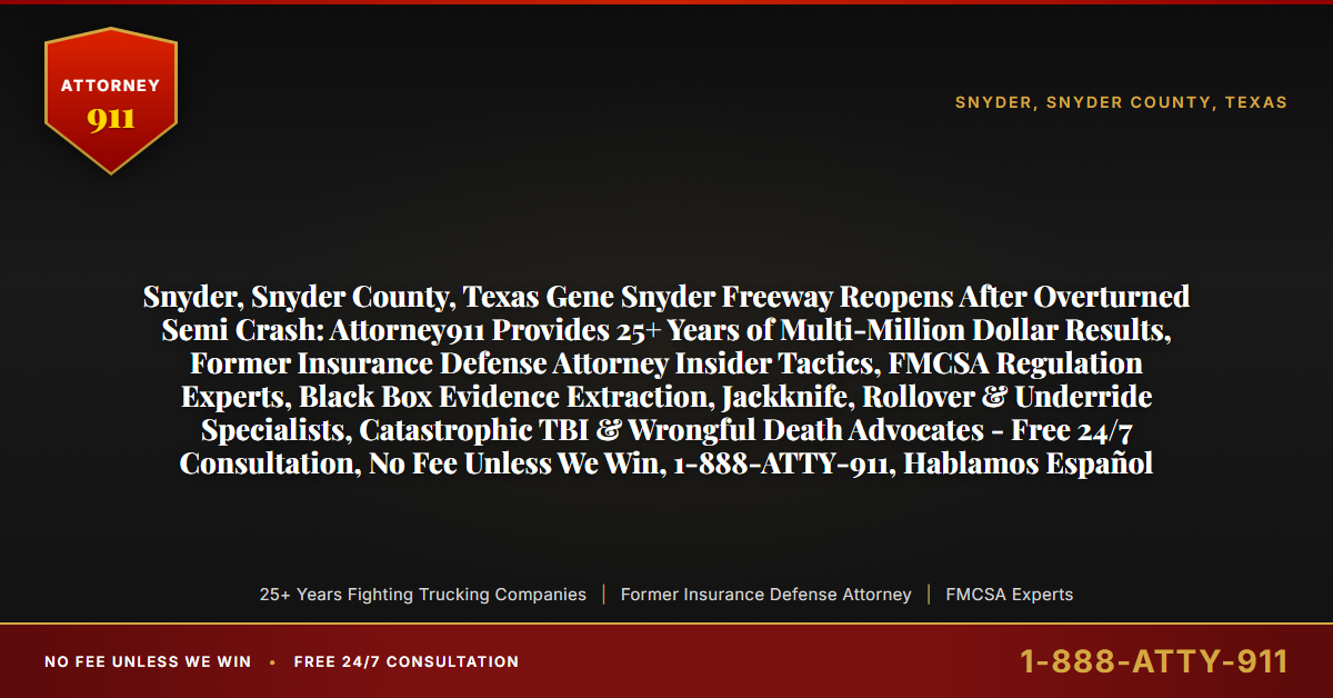 Snyder, Snyder County, Texas Gene Snyder Freeway Reopens After Overturned Semi Crash: Attorney911 Provides 25+ Years of Multi-Million Dollar Results, Former Insurance Defense Attorney Insider Tactics, FMCSA Regulation Experts, Black Box Evidence Extraction, Jackknife, Rollover & Underride Specialists, Catastrophic TBI & Wrongful Death Advocates - Free 24/7 Consultation, No Fee Unless We Win, 1-888-ATTY-911, Hablamos Español - Attorney911