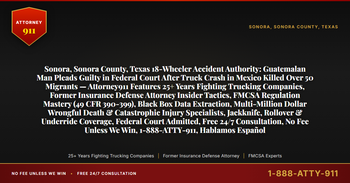 Sonora, Sonora County, Texas 18-Wheeler Accident Authority: Guatemalan Man Pleads Guilty in Federal Court After Truck Crash in Mexico Killed Over 50 Migrants — Attorney911 Features 25+ Years Fighting Trucking Companies, Former Insurance Defense Attorney Insider Tactics, FMCSA Regulation Mastery (49 CFR 390-399), Black Box Data Extraction, Multi-Million Dollar Wrongful Death & Catastrophic Injury Specialists, Jackknife, Rollover & Underride Coverage, Federal Court Admitted, Free 24/7 Consultation, No Fee Unless We Win, 1-888-ATTY-911, Hablamos Español - Attorney911