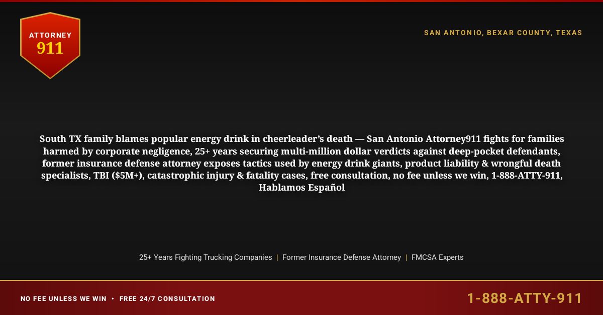 South TX family blames popular energy drink in cheerleader’s death — San Antonio Attorney911 fights for families harmed by corporate negligence, 25+ years securing multi-million dollar verdicts against deep-pocket defendants, former insurance defense attorney exposes tactics used by energy drink giants, product liability & wrongful death specialists, TBI ($5M+), catastrophic injury & fatality cases, free consultation, no fee unless we win, 1-888-ATTY-911, Hablamos Español - Attorney911