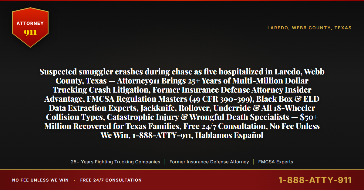 Suspected smuggler crashes during chase as five hospitalized in Laredo, Webb County, Texas — Attorney911 Brings 25+ Years of Multi-Million Dollar Trucking Crash Litigation, Former Insurance Defense Attorney Insider Advantage, FMCSA Regulation Masters (49 CFR 390-399), Black Box & ELD Data Extraction Experts, Jackknife, Rollover, Underride & All 18-Wheeler Collision Types, Catastrophic Injury & Wrongful Death Specialists — $50+ Million Recovered for Texas Families, Free 24/7 Consultation, No Fee Unless We Win, 1-888-ATTY-911, Hablamos Español - Attorney911