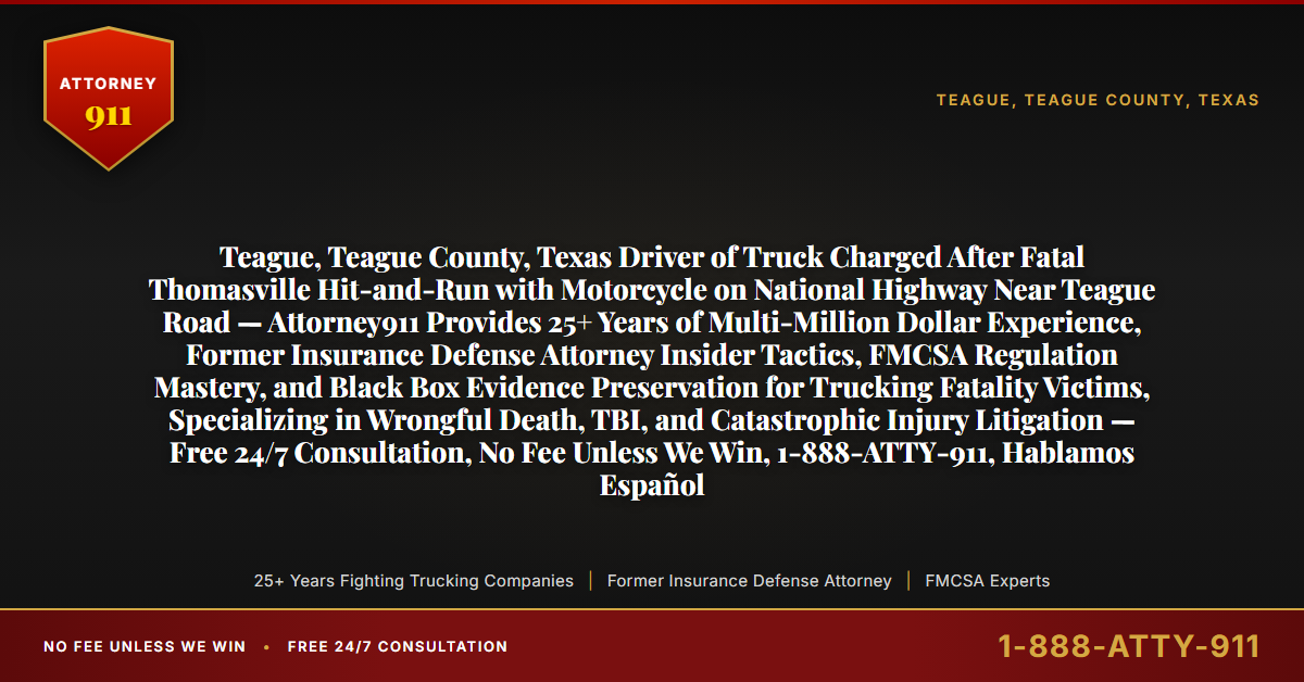 Teague, Teague County, Texas Driver of Truck Charged After Fatal Thomasville Hit-and-Run with Motorcycle on National Highway Near Teague Road — Attorney911 Provides 25+ Years of Multi-Million Dollar Experience, Former Insurance Defense Attorney Insider Tactics, FMCSA Regulation Mastery, and Black Box Evidence Preservation for Trucking Fatality Victims, Specializing in Wrongful Death, TBI, and Catastrophic Injury Litigation — Free 24/7 Consultation, No Fee Unless We Win, 1-888-ATTY-911, Hablamos Español - Attorney911