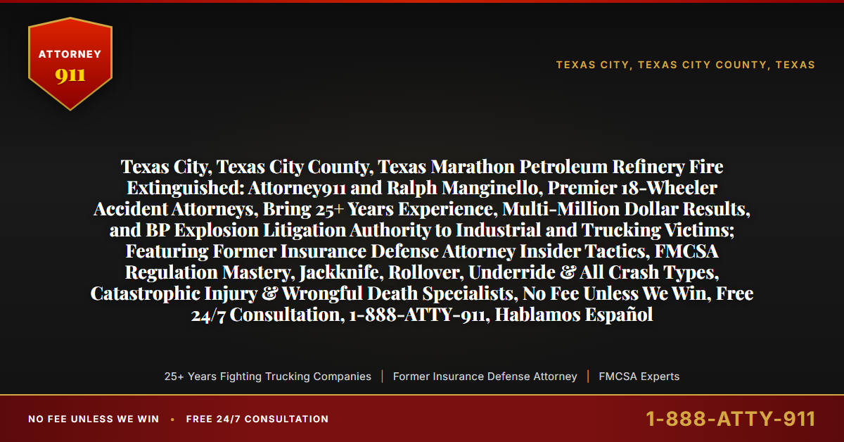 Texas City, Texas City County, Texas Marathon Petroleum Refinery Fire Extinguished: Attorney911 and Ralph Manginello, Premier 18-Wheeler Accident Attorneys, Bring 25+ Years Experience, Multi-Million Dollar Results, and BP Explosion Litigation Authority to Industrial and Trucking Victims; Featuring Former Insurance Defense Attorney Insider Tactics, FMCSA Regulation Mastery, Jackknife, Rollover, Underride & All Crash Types, Catastrophic Injury & Wrongful Death Specialists, No Fee Unless We Win, Free 24/7 Consultation, 1-888-ATTY-911, Hablamos Español - Attorney911