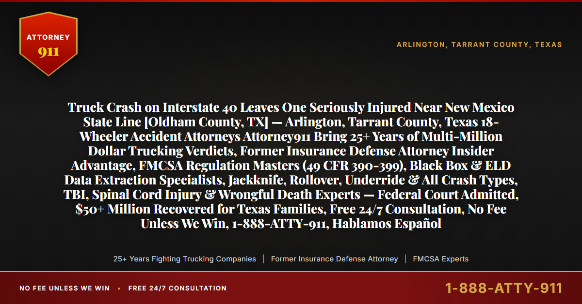 Truck Crash on Interstate 40 Leaves One Seriously Injured Near New Mexico State Line [Oldham County, TX] — Arlington, Tarrant County, Texas 18-Wheeler Accident Attorneys Attorney911 Bring 25+ Years of Multi-Million Dollar Trucking Verdicts, Former Insurance Defense Attorney Insider Advantage, FMCSA Regulation Masters (49 CFR 390-399), Black Box & ELD Data Extraction Specialists, Jackknife, Rollover, Underride & All Crash Types, TBI, Spinal Cord Injury & Wrongful Death Experts — Federal Court Admitted, $50+ Million Recovered for Texas Families, Free 24/7 Consultation, No Fee Unless We Win, 1-888-ATTY-911, Hablamos Español - Attorney911