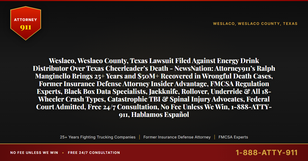 Weslaco, Weslaco County, Texas Lawsuit Filed Against Energy Drink Distributor Over Texas Cheerleader’s Death - NewsNation: Attorney911’s Ralph Manginello Brings 25+ Years and $50M+ Recovered in Wrongful Death Cases, Former Insurance Defense Attorney Insider Advantage, FMCSA Regulation Experts, Black Box Data Specialists, Jackknife, Rollover, Underride & All 18-Wheeler Crash Types, Catastrophic TBI & Spinal Injury Advocates, Federal Court Admitted, Free 24/7 Consultation, No Fee Unless We Win, 1-888-ATTY-911, Hablamos Español - Attorney911