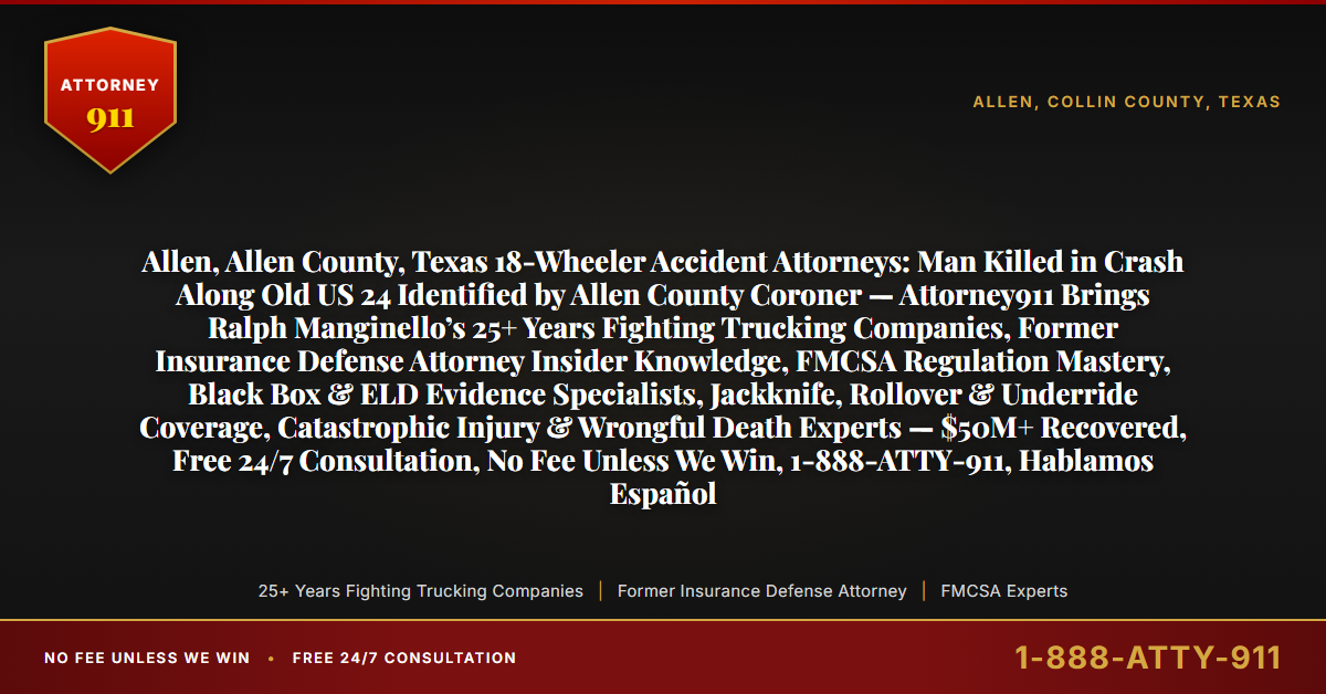 Allen, Allen County, Texas 18-Wheeler Accident Attorneys: Man Killed in Crash Along Old US 24 Identified by Allen County Coroner — Attorney911 Brings Ralph Manginello’s 25+ Years Fighting Trucking Companies, Former Insurance Defense Attorney Insider Knowledge, FMCSA Regulation Mastery, Black Box & ELD Evidence Specialists, Jackknife, Rollover & Underride Coverage, Catastrophic Injury & Wrongful Death Experts — $50M+ Recovered, Free 24/7 Consultation, No Fee Unless We Win, 1-888-ATTY-911, Hablamos Español - Attorney911