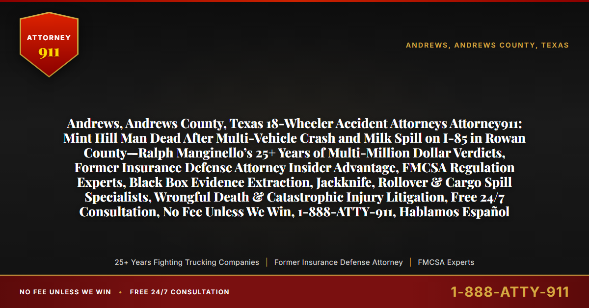 Andrews, Andrews County, Texas 18-Wheeler Accident Attorneys Attorney911: Mint Hill Man Dead After Multi-Vehicle Crash and Milk Spill on I-85 in Rowan County—Ralph Manginello’s 25+ Years of Multi-Million Dollar Verdicts, Former Insurance Defense Attorney Insider Advantage, FMCSA Regulation Experts, Black Box Evidence Extraction, Jackknife, Rollover & Cargo Spill Specialists, Wrongful Death & Catastrophic Injury Litigation, Free 24/7 Consultation, No Fee Unless We Win, 1-888-ATTY-911, Hablamos Español - Attorney911