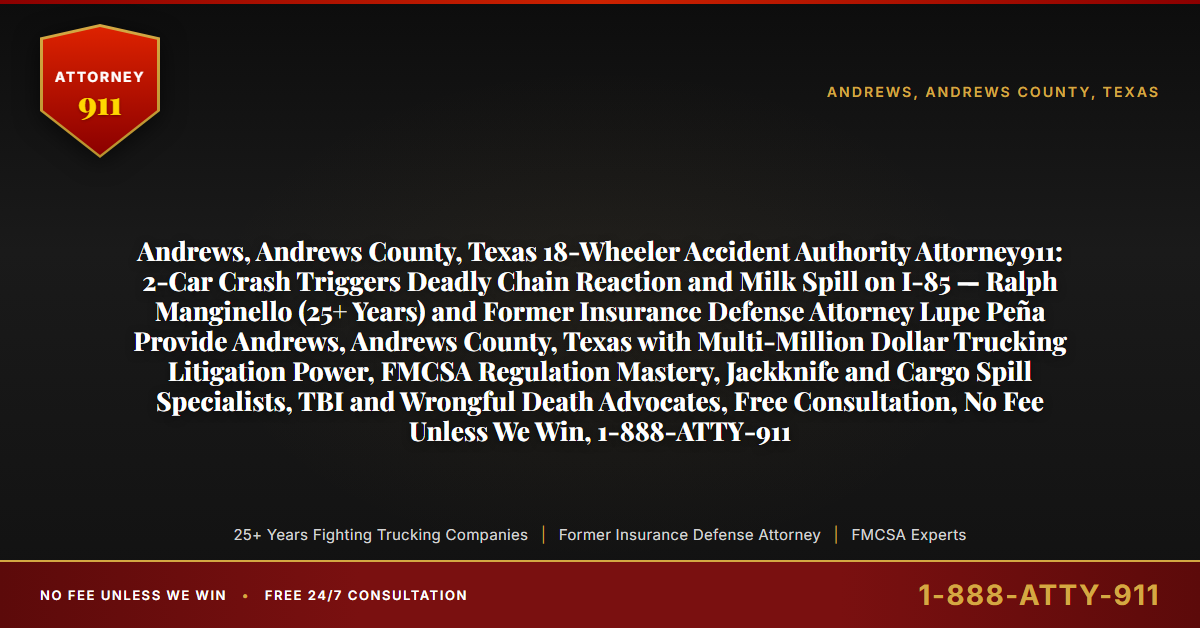 Andrews, Andrews County, Texas 18-Wheeler Accident Authority Attorney911: 2-Car Crash Triggers Deadly Chain Reaction and Milk Spill on I-85 — Ralph Manginello (25+ Years) and Former Insurance Defense Attorney Lupe Peña Provide Andrews, Andrews County, Texas with Multi-Million Dollar Trucking Litigation Power, FMCSA Regulation Mastery, Jackknife and Cargo Spill Specialists, TBI and Wrongful Death Advocates, Free Consultation, No Fee Unless We Win, 1-888-ATTY-911 - Attorney911