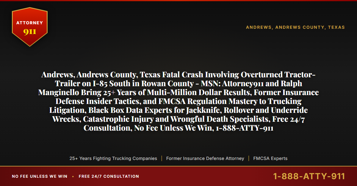 Andrews, Andrews County, Texas Fatal Crash Involving Overturned Tractor-Trailer on I-85 South in Rowan County - MSN: Attorney911 and Ralph Manginello Bring 25+ Years of Multi-Million Dollar Results, Former Insurance Defense Insider Tactics, and FMCSA Regulation Mastery to Trucking Litigation, Black Box Data Experts for Jackknife, Rollover and Underride Wrecks, Catastrophic Injury and Wrongful Death Specialists, Free 24/7 Consultation, No Fee Unless We Win, 1-888-ATTY-911 - Attorney911