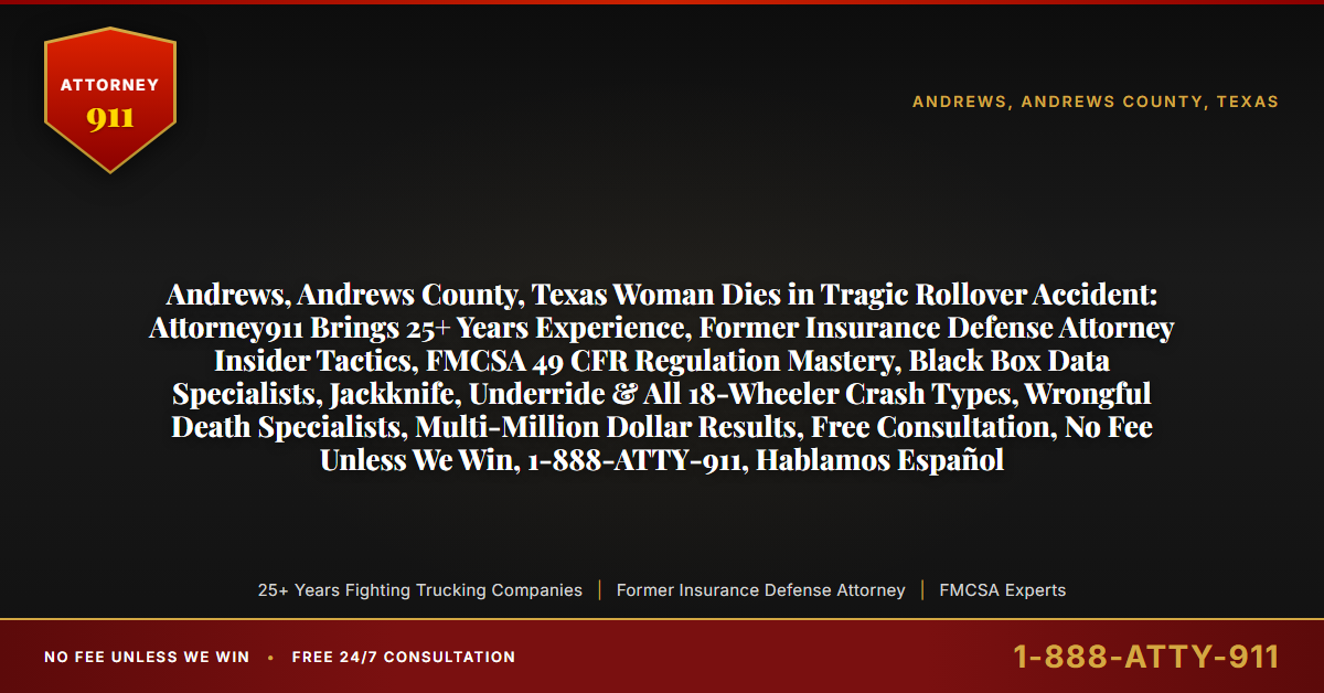 Andrews, Andrews County, Texas Woman Dies in Tragic Rollover Accident: Attorney911 Brings 25+ Years Experience, Former Insurance Defense Attorney Insider Tactics, FMCSA 49 CFR Regulation Mastery, Black Box Data Specialists, Jackknife, Underride & All 18-Wheeler Crash Types, Wrongful Death Specialists, Multi-Million Dollar Results, Free Consultation, No Fee Unless We Win, 1-888-ATTY-911, Hablamos Español - Attorney911