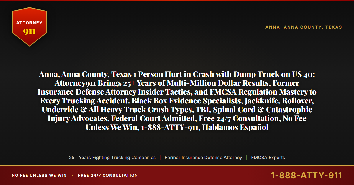 Anna, Anna County, Texas 1 Person Hurt in Crash with Dump Truck on US 40: Attorney911 Brings 25+ Years of Multi-Million Dollar Results, Former Insurance Defense Attorney Insider Tactics, and FMCSA Regulation Mastery to Every Trucking Accident. Black Box Evidence Specialists, Jackknife, Rollover, Underride & All Heavy Truck Crash Types, TBI, Spinal Cord & Catastrophic Injury Advocates, Federal Court Admitted, Free 24/7 Consultation, No Fee Unless We Win, 1-888-ATTY-911, Hablamos Español - Attorney911