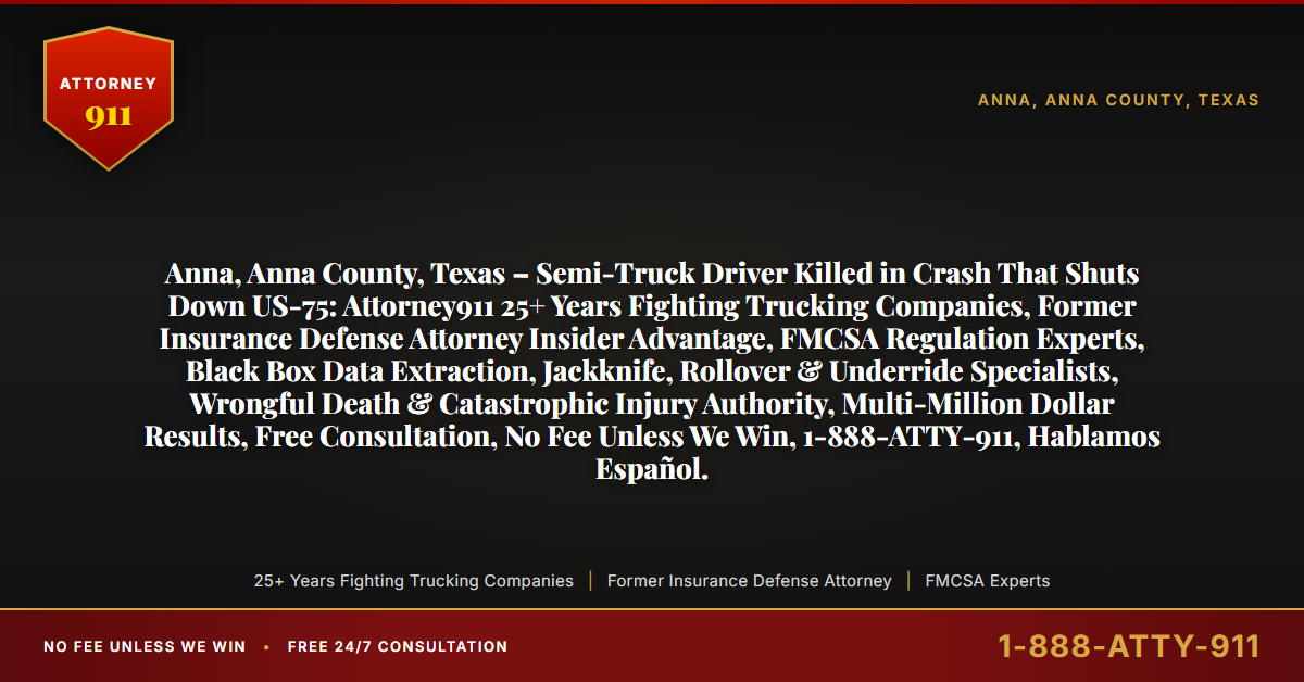 Anna, Anna County, Texas – Semi-Truck Driver Killed in Crash That Shuts Down US-75: Attorney911 25+ Years Fighting Trucking Companies, Former Insurance Defense Attorney Insider Advantage, FMCSA Regulation Experts, Black Box Data Extraction, Jackknife, Rollover & Underride Specialists, Wrongful Death & Catastrophic Injury Authority, Multi-Million Dollar Results, Free Consultation, No Fee Unless We Win, 1-888-ATTY-911, Hablamos Español. - Attorney911