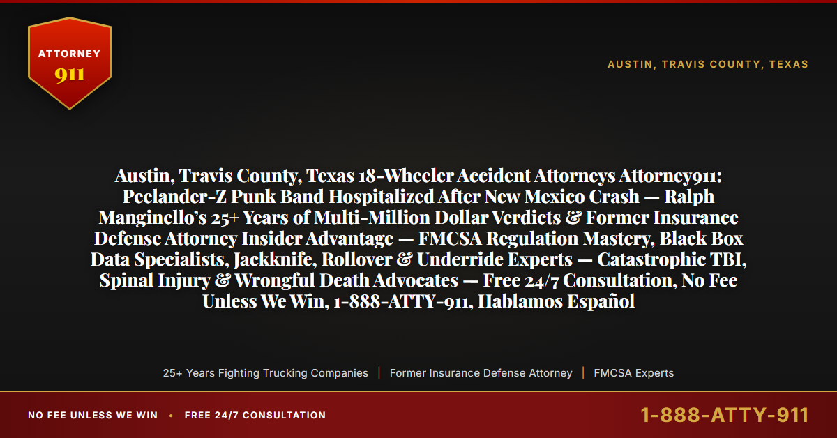 Austin, Travis County, Texas 18-Wheeler Accident Attorneys Attorney911: Peelander-Z Punk Band Hospitalized After New Mexico Crash — Ralph Manginello’s 25+ Years of Multi-Million Dollar Verdicts & Former Insurance Defense Attorney Insider Advantage — FMCSA Regulation Mastery, Black Box Data Specialists, Jackknife, Rollover & Underride Experts — Catastrophic TBI, Spinal Injury & Wrongful Death Advocates — Free 24/7 Consultation, No Fee Unless We Win, 1-888-ATTY-911, Hablamos Español - Attorney911