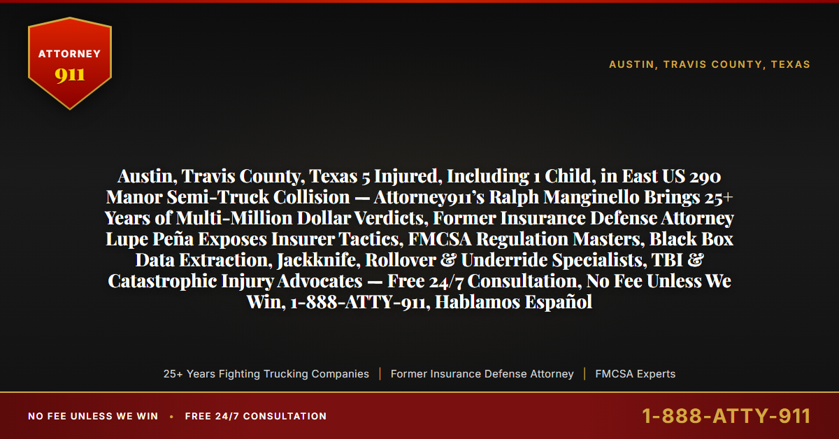 Austin, Travis County, Texas 5 Injured, Including 1 Child, in East US 290 Manor Semi-Truck Collision — Attorney911’s Ralph Manginello Brings 25+ Years of Multi-Million Dollar Verdicts, Former Insurance Defense Attorney Lupe Peña Exposes Insurer Tactics, FMCSA Regulation Masters, Black Box Data Extraction, Jackknife, Rollover & Underride Specialists, TBI & Catastrophic Injury Advocates — Free 24/7 Consultation, No Fee Unless We Win, 1-888-ATTY-911, Hablamos Español - Attorney911
