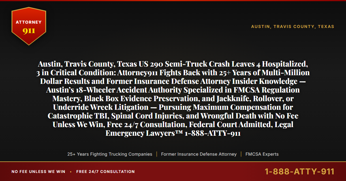 Austin, Travis County, Texas US 290 Semi-Truck Crash Leaves 4 Hospitalized, 3 in Critical Condition: Attorney911 Fights Back with 25+ Years of Multi-Million Dollar Results and Former Insurance Defense Attorney Insider Knowledge — Austin’s 18-Wheeler Accident Authority Specialized in FMCSA Regulation Mastery, Black Box Evidence Preservation, and Jackknife, Rollover, or Underride Wreck Litigation — Pursuing Maximum Compensation for Catastrophic TBI, Spinal Cord Injuries, and Wrongful Death with No Fee Unless We Win, Free 24/7 Consultation, Federal Court Admitted, Legal Emergency Lawyers™ 1-888-ATTY-911 - Attorney911
