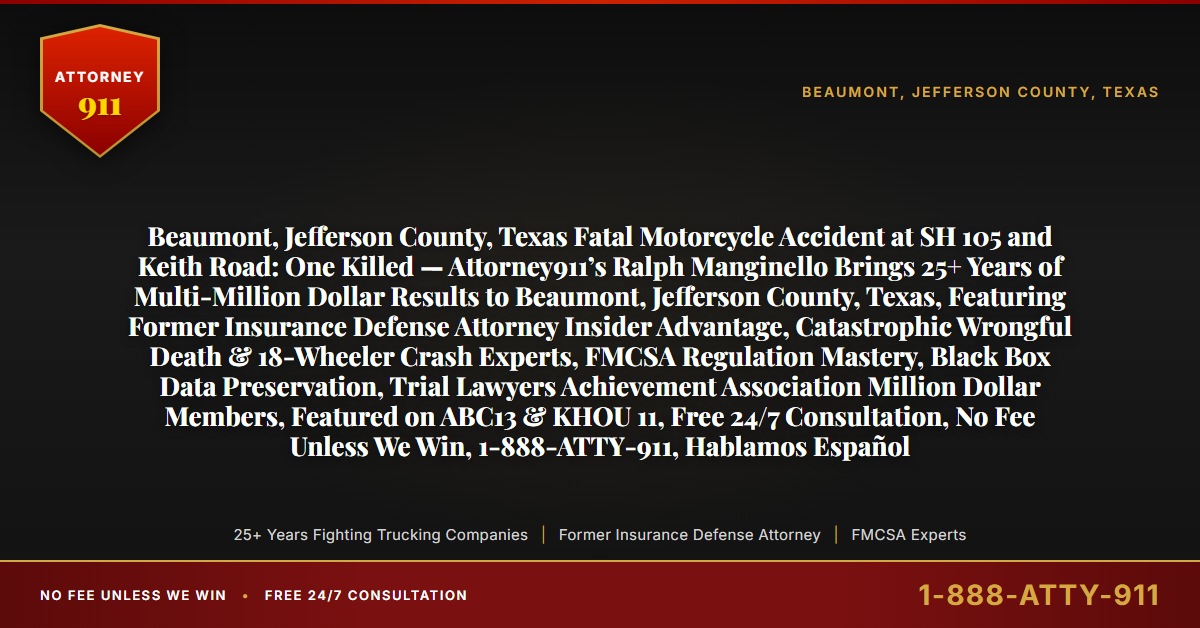 Beaumont, Jefferson County, Texas Fatal Motorcycle Accident at SH 105 and Keith Road: One Killed — Attorney911’s Ralph Manginello Brings 25+ Years of Multi-Million Dollar Results to Beaumont, Jefferson County, Texas, Featuring Former Insurance Defense Attorney Insider Advantage, Catastrophic Wrongful Death & 18-Wheeler Crash Experts, FMCSA Regulation Mastery, Black Box Data Preservation, Trial Lawyers Achievement Association Million Dollar Members, Featured on ABC13 & KHOU 11, Free 24/7 Consultation, No Fee Unless We Win, 1-888-ATTY-911, Hablamos Español - Attorney911