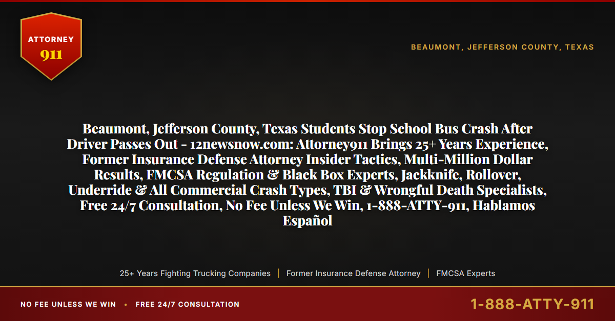 Beaumont, Jefferson County, Texas Students Stop School Bus Crash After Driver Passes Out - 12newsnow.com: Attorney911 Brings 25+ Years Experience, Former Insurance Defense Attorney Insider Tactics, Multi-Million Dollar Results, FMCSA Regulation & Black Box Experts, Jackknife, Rollover, Underride & All Commercial Crash Types, TBI & Wrongful Death Specialists, Free 24/7 Consultation, No Fee Unless We Win, 1-888-ATTY-911, Hablamos Español - Attorney911