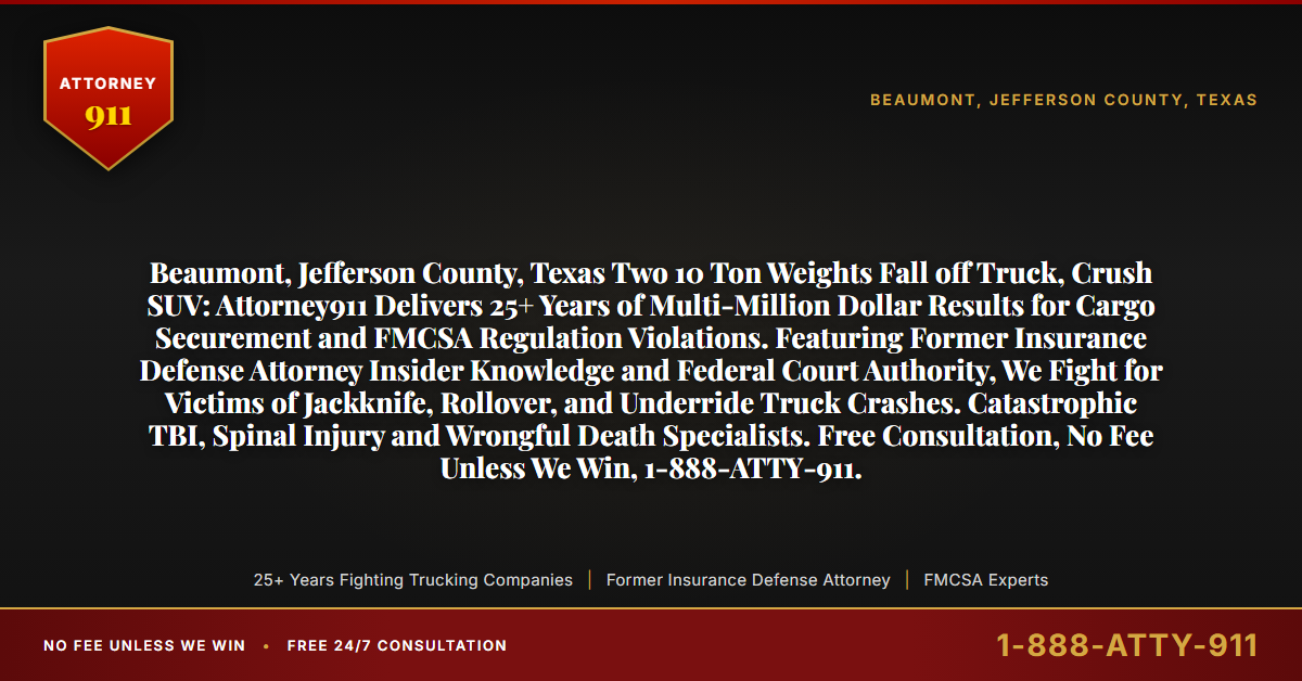 Beaumont, Jefferson County, Texas Two 10 Ton Weights Fall off Truck, Crush SUV: Attorney911 Delivers 25+ Years of Multi-Million Dollar Results for Cargo Securement and FMCSA Regulation Violations. Featuring Former Insurance Defense Attorney Insider Knowledge and Federal Court Authority, We Fight for Victims of Jackknife, Rollover, and Underride Truck Crashes. Catastrophic TBI, Spinal Injury and Wrongful Death Specialists. Free Consultation, No Fee Unless We Win, 1-888-ATTY-911. - Attorney911