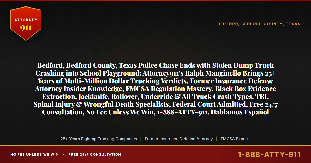 Bedford, Bedford County, Texas Police Chase Ends with Stolen Dump Truck Crashing into School Playground: Attorney911’s Ralph Manginello Brings 25+ Years of Multi-Million Dollar Trucking Verdicts, Former Insurance Defense Attorney Insider Knowledge, FMCSA Regulation Mastery, Black Box Evidence Extraction, Jackknife, Rollover, Underride & All Truck Crash Types, TBI, Spinal Injury & Wrongful Death Specialists, Federal Court Admitted, Free 24/7 Consultation, No Fee Unless We Win, 1-888-ATTY-911, Hablamos Español - Attorney911