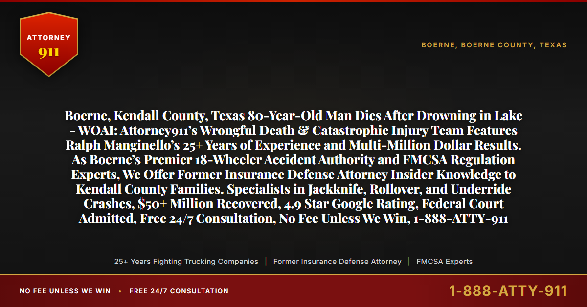 Boerne, Kendall County, Texas 80-Year-Old Man Dies After Drowning in Lake - WOAI: Attorney911’s Wrongful Death & Catastrophic Injury Team Features Ralph Manginello’s 25+ Years of Experience and Multi-Million Dollar Results. As Boerne’s Premier 18-Wheeler Accident Authority and FMCSA Regulation Experts, We Offer Former Insurance Defense Attorney Insider Knowledge to Kendall County Families. Specialists in Jackknife, Rollover, and Underride Crashes, $50+ Million Recovered, 4.9 Star Google Rating, Federal Court Admitted, Free 24/7 Consultation, No Fee Unless We Win, 1-888-ATTY-911 - Attorney911