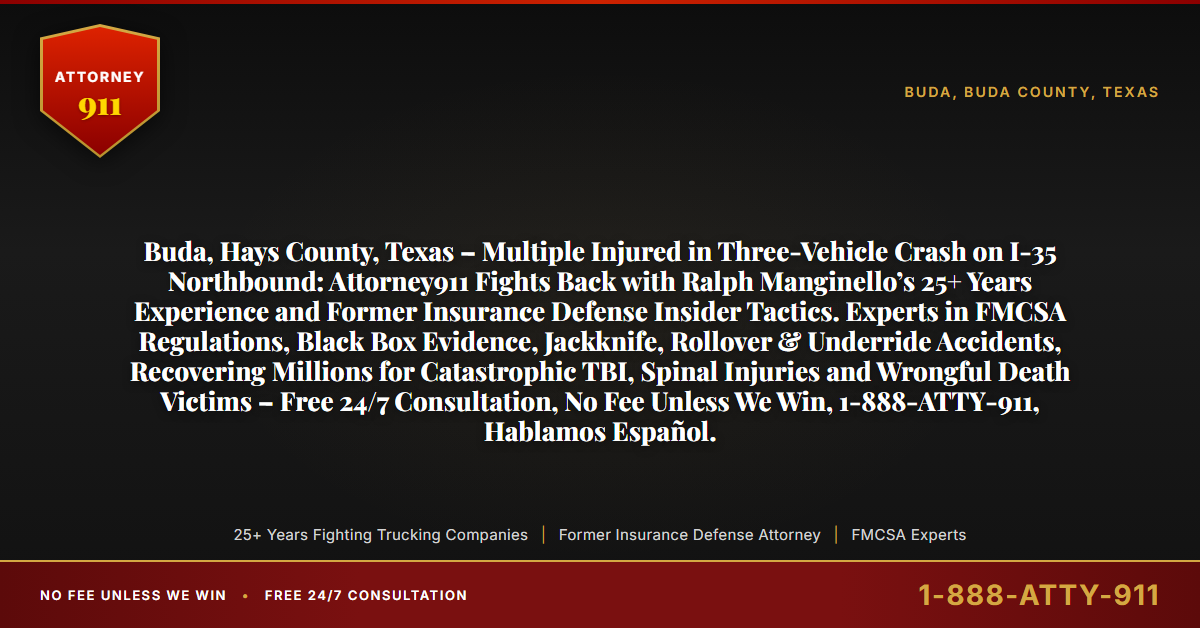 Buda, Hays County, Texas – Multiple Injured in Three-Vehicle Crash on I-35 Northbound: Attorney911 Fights Back with Ralph Manginello’s 25+ Years Experience and Former Insurance Defense Insider Tactics. Experts in FMCSA Regulations, Black Box Evidence, Jackknife, Rollover & Underride Accidents, Recovering Millions for Catastrophic TBI, Spinal Injuries and Wrongful Death Victims – Free 24/7 Consultation, No Fee Unless We Win, 1-888-ATTY-911, Hablamos Español. - Attorney911