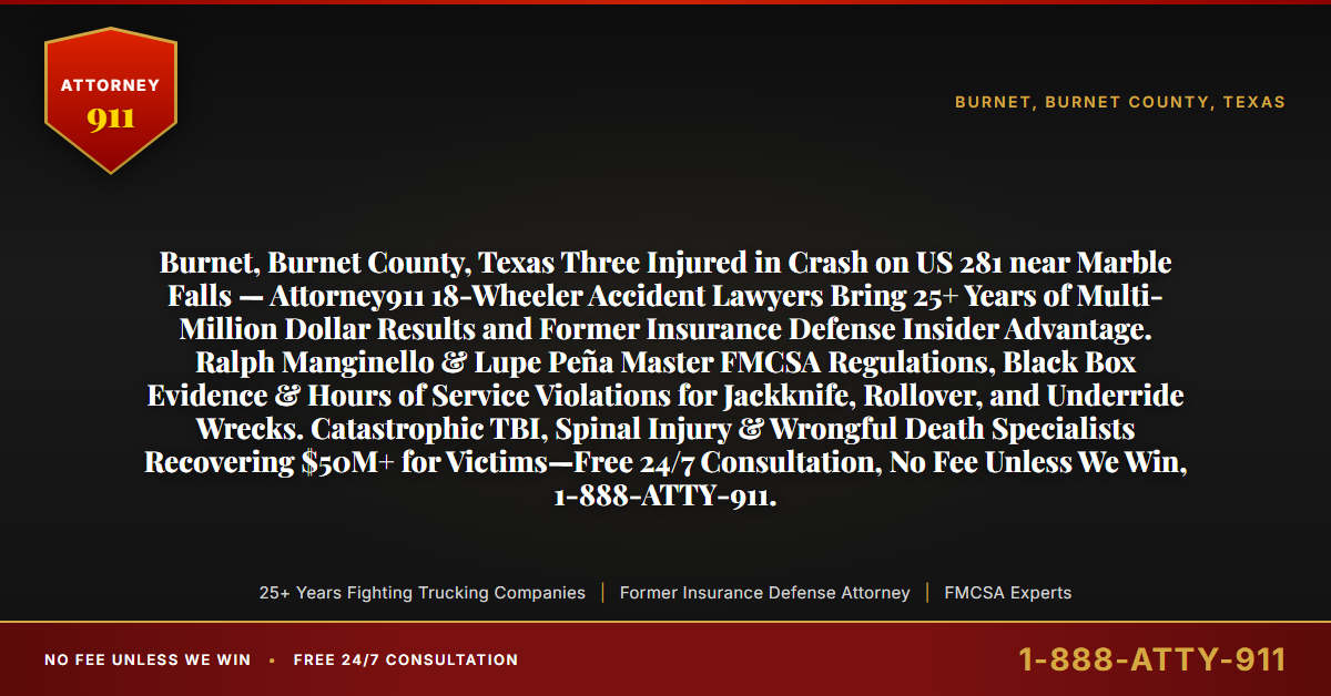 Burnet, Burnet County, Texas Three Injured in Crash on US 281 near Marble Falls — Attorney911 18-Wheeler Accident Lawyers Bring 25+ Years of Multi-Million Dollar Results and Former Insurance Defense Insider Advantage. Ralph Manginello & Lupe Peña Master FMCSA Regulations, Black Box Evidence & Hours of Service Violations for Jackknife, Rollover, and Underride Wrecks. Catastrophic TBI, Spinal Injury & Wrongful Death Specialists Recovering $50M+ for Victims—Free 24/7 Consultation, No Fee Unless We Win, 1-888-ATTY-911. - Attorney911