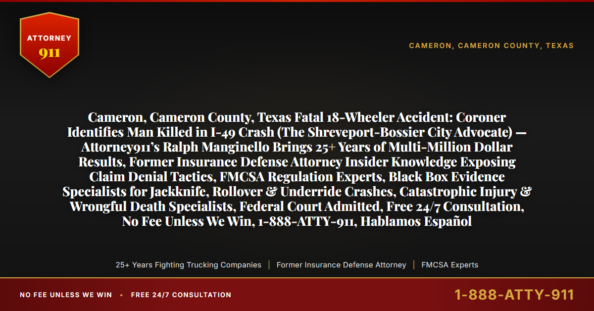 Cameron, Cameron County, Texas Fatal 18-Wheeler Accident: Coroner Identifies Man Killed in I-49 Crash (The Shreveport-Bossier City Advocate) — Attorney911’s Ralph Manginello Brings 25+ Years of Multi-Million Dollar Results, Former Insurance Defense Attorney Insider Knowledge Exposing Claim Denial Tactics, FMCSA Regulation Experts, Black Box Evidence Specialists for Jackknife, Rollover & Underride Crashes, Catastrophic Injury & Wrongful Death Specialists, Federal Court Admitted, Free 24/7 Consultation, No Fee Unless We Win, 1-888-ATTY-911, Hablamos Español - Attorney911