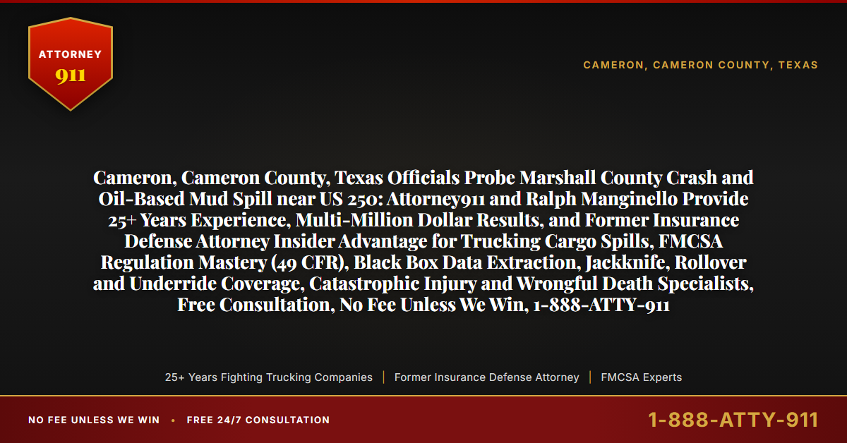 Cameron, Cameron County, Texas Officials Probe Marshall County Crash and Oil-Based Mud Spill near US 250: Attorney911 and Ralph Manginello Provide 25+ Years Experience, Multi-Million Dollar Results, and Former Insurance Defense Attorney Insider Advantage for Trucking Cargo Spills, FMCSA Regulation Mastery (49 CFR), Black Box Data Extraction, Jackknife, Rollover and Underride Coverage, Catastrophic Injury and Wrongful Death Specialists, Free Consultation, No Fee Unless We Win, 1-888-ATTY-911 - Attorney911