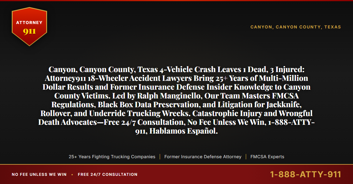 Canyon, Canyon County, Texas 4-Vehicle Crash Leaves 1 Dead, 3 Injured: Attorney911 18-Wheeler Accident Lawyers Bring 25+ Years of Multi-Million Dollar Results and Former Insurance Defense Insider Knowledge to Canyon County Victims. Led by Ralph Manginello, Our Team Masters FMCSA Regulations, Black Box Data Preservation, and Litigation for Jackknife, Rollover, and Underride Trucking Wrecks. Catastrophic Injury and Wrongful Death Advocates—Free 24/7 Consultation, No Fee Unless We Win, 1-888-ATTY-911, Hablamos Español. - Attorney911