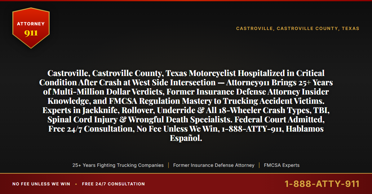Castroville, Castroville County, Texas Motorcyclist Hospitalized in Critical Condition After Crash at West Side Intersection — Attorney911 Brings 25+ Years of Multi-Million Dollar Verdicts, Former Insurance Defense Attorney Insider Knowledge, and FMCSA Regulation Mastery to Trucking Accident Victims. Experts in Jackknife, Rollover, Underride & All 18-Wheeler Crash Types, TBI, Spinal Cord Injury & Wrongful Death Specialists. Federal Court Admitted, Free 24/7 Consultation, No Fee Unless We Win, 1-888-ATTY-911, Hablamos Español. - Attorney911