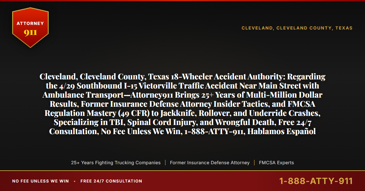 Cleveland, Cleveland County, Texas 18-Wheeler Accident Authority: Regarding the 4/29 Southbound I-15 Victorville Traffic Accident Near Main Street with Ambulance Transport—Attorney911 Brings 25+ Years of Multi-Million Dollar Results, Former Insurance Defense Attorney Insider Tactics, and FMCSA Regulation Mastery (49 CFR) to Jackknife, Rollover, and Underride Crashes, Specializing in TBI, Spinal Cord Injury, and Wrongful Death, Free 24/7 Consultation, No Fee Unless We Win, 1-888-ATTY-911, Hablamos Español - Attorney911