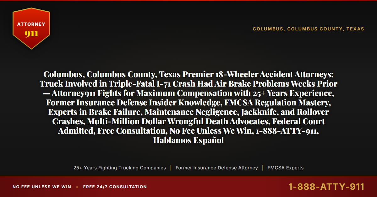 Columbus, Columbus County, Texas Premier 18-Wheeler Accident Attorneys: Truck Involved in Triple-Fatal I-71 Crash Had Air Brake Problems Weeks Prior — Attorney911 Fights for Maximum Compensation with 25+ Years Experience, Former Insurance Defense Insider Knowledge, FMCSA Regulation Mastery, Experts in Brake Failure, Maintenance Negligence, Jackknife, and Rollover Crashes, Multi-Million Dollar Wrongful Death Advocates, Federal Court Admitted, Free Consultation, No Fee Unless We Win, 1-888-ATTY-911, Hablamos Español - Attorney911