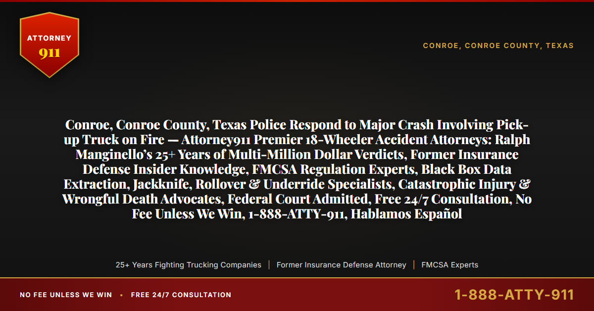 Conroe, Conroe County, Texas Police Respond to Major Crash Involving Pick-up Truck on Fire — Attorney911 Premier 18-Wheeler Accident Attorneys: Ralph Manginello’s 25+ Years of Multi-Million Dollar Verdicts, Former Insurance Defense Insider Knowledge, FMCSA Regulation Experts, Black Box Data Extraction, Jackknife, Rollover & Underride Specialists, Catastrophic Injury & Wrongful Death Advocates, Federal Court Admitted, Free 24/7 Consultation, No Fee Unless We Win, 1-888-ATTY-911, Hablamos Español - Attorney911