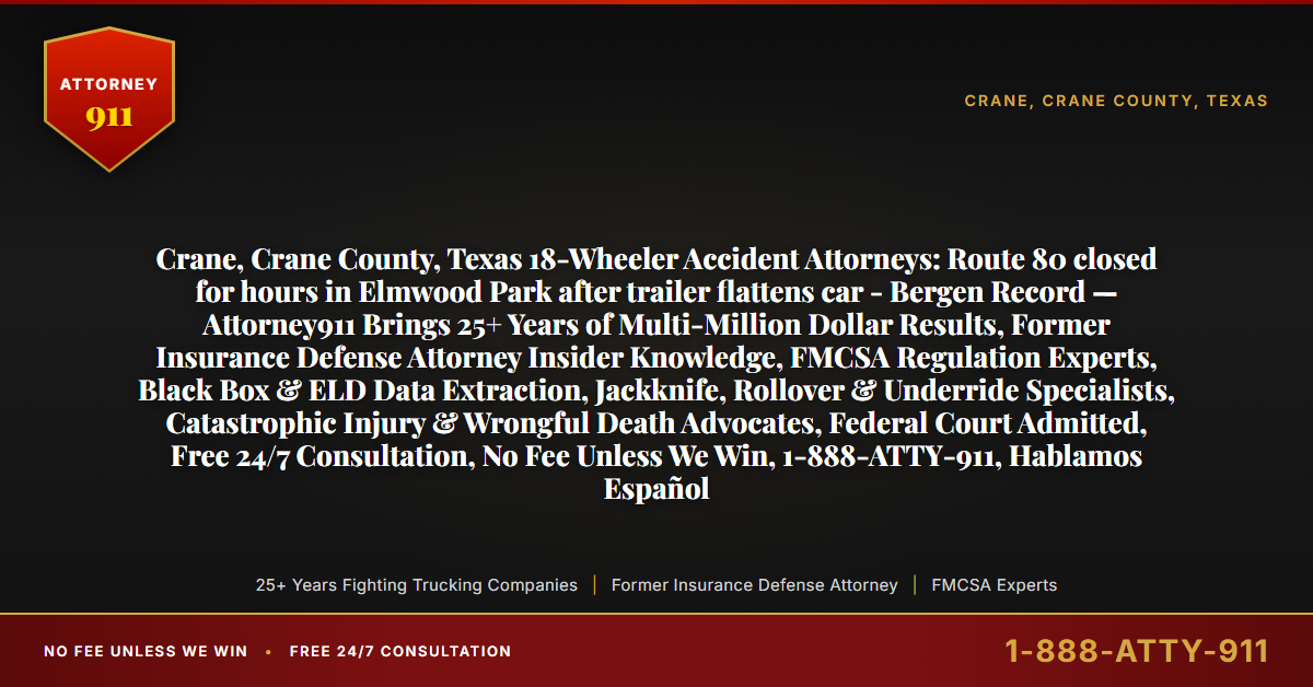 Crane, Crane County, Texas 18-Wheeler Accident Attorneys: Route 80 closed for hours in Elmwood Park after trailer flattens car - Bergen Record — Attorney911 Brings 25+ Years of Multi-Million Dollar Results, Former Insurance Defense Attorney Insider Knowledge, FMCSA Regulation Experts, Black Box & ELD Data Extraction, Jackknife, Rollover & Underride Specialists, Catastrophic Injury & Wrongful Death Advocates, Federal Court Admitted, Free 24/7 Consultation, No Fee Unless We Win, 1-888-ATTY-911, Hablamos Español - Attorney911