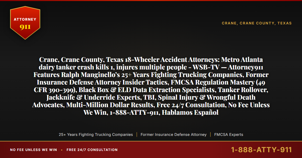 Crane, Crane County, Texas 18-Wheeler Accident Attorneys: Metro Atlanta dairy tanker crash kills 1, injures multiple people - WSB-TV — Attorney911 Features Ralph Manginello’s 25+ Years Fighting Trucking Companies, Former Insurance Defense Attorney Insider Tactics, FMCSA Regulation Mastery (49 CFR 390-399), Black Box & ELD Data Extraction Specialists, Tanker Rollover, Jackknife & Underride Experts, TBI, Spinal Injury & Wrongful Death Advocates, Multi-Million Dollar Results, Free 24/7 Consultation, No Fee Unless We Win, 1-888-ATTY-911, Hablamos Español - Attorney911