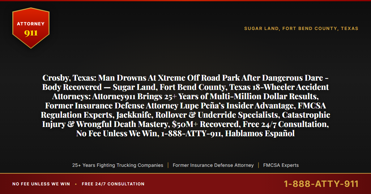 Crosby, Texas: Man Drowns At Xtreme Off Road Park After Dangerous Dare - Body Recovered — Sugar Land, Fort Bend County, Texas 18-Wheeler Accident Attorneys: Attorney911 Brings 25+ Years of Multi-Million Dollar Results, Former Insurance Defense Attorney Lupe Peña’s Insider Advantage, FMCSA Regulation Experts, Jackknife, Rollover & Underride Specialists, Catastrophic Injury & Wrongful Death Mastery, $50M+ Recovered, Free 24/7 Consultation, No Fee Unless We Win, 1-888-ATTY-911, Hablamos Español - Attorney911