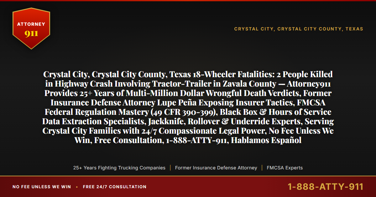 Crystal City, Crystal City County, Texas 18-Wheeler Fatalities: 2 People Killed in Highway Crash Involving Tractor-Trailer in Zavala County — Attorney911 Provides 25+ Years of Multi-Million Dollar Wrongful Death Verdicts, Former Insurance Defense Attorney Lupe Peña Exposing Insurer Tactics, FMCSA Federal Regulation Mastery (49 CFR 390-399), Black Box & Hours of Service Data Extraction Specialists, Jackknife, Rollover & Underride Experts, Serving Crystal City Families with 24/7 Compassionate Legal Power, No Fee Unless We Win, Free Consultation, 1-888-ATTY-911, Hablamos Español - Attorney911