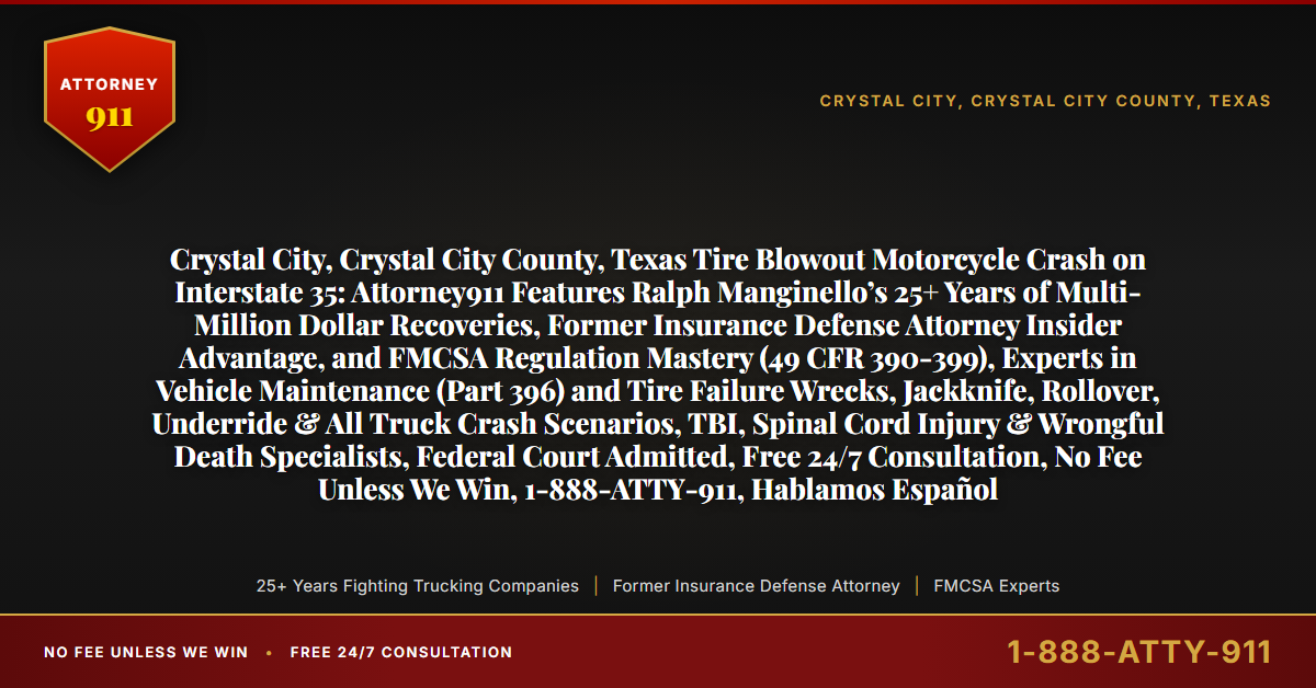Crystal City, Crystal City County, Texas Tire Blowout Motorcycle Crash on Interstate 35: Attorney911 Features Ralph Manginello’s 25+ Years of Multi-Million Dollar Recoveries, Former Insurance Defense Attorney Insider Advantage, and FMCSA Regulation Mastery (49 CFR 390-399), Experts in Vehicle Maintenance (Part 396) and Tire Failure Wrecks, Jackknife, Rollover, Underride & All Truck Crash Scenarios, TBI, Spinal Cord Injury & Wrongful Death Specialists, Federal Court Admitted, Free 24/7 Consultation, No Fee Unless We Win, 1-888-ATTY-911, Hablamos Español - Attorney911